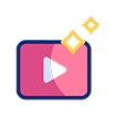 play button, with two small sparkling diamonds appearing above one corner icon